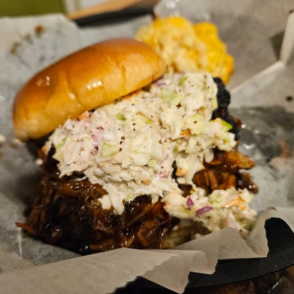 A southern pulled pork sandwich with coleslaw and a side of mac and cheese.